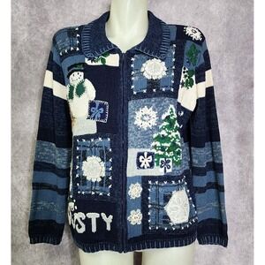 Tiara Christmas Blue Snowman Sweater Cardigan Women Small Zip Front Snowflake